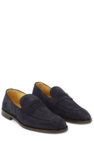 Brunello Cucinelli Suede Penny Slot Round Toe Loafers in Blue