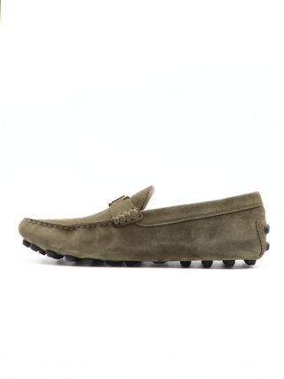 Tods Green Suede Gommino Driver Shoes with Gold T-Bar