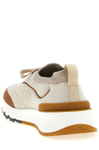 Brunello Cucinelli Logo Embossed Knitted Lace-Up Sneakers in Brown