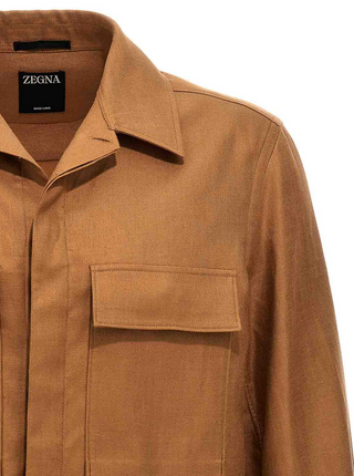 Zegna Felted Wool Point-Collar Overshirt Brown