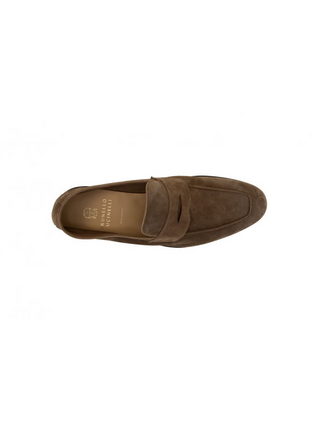 Brunello Cucinelli Suede Penny Loafers in Taupe