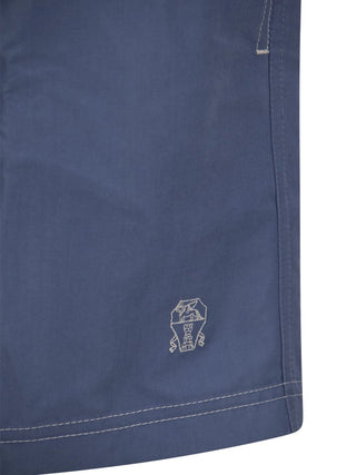 Brunello Cucinelli Technical Fabric Embroidered Logo Swim Trunks Light Blue