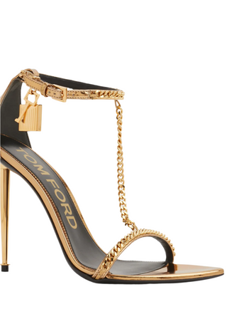 Tom Ford Metallic Patent Leather Padlock Chain Stiletto Sandals