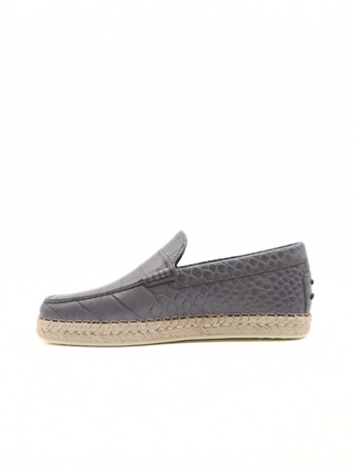 Tods Croc-Embossed Leather Espadrille with Raffia Sole Grey