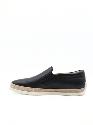 Tods Grained Leather Espadrille Loafers with Rubber Raffia Sole
