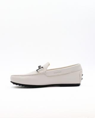 Tods White Grained Leather Gommino Driving Shoes with Black Buckle