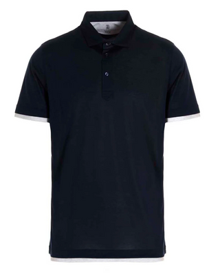 Brunello Cucinelli Cotton Polo Shirt with Contrast Trim Ocean Blue