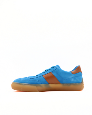 Tods Bright Blue Suede Lace-Up Low-Top Sneakers with Brown Accents