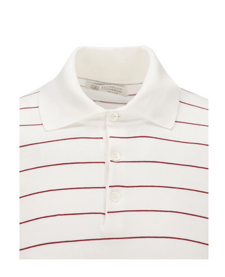 Brunello Cucinelli Ecru Striped Knit Cotton Polo Shirt