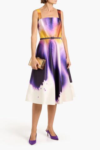 OSCAR DE LA RENTA BELTED PRINTED SATIN MIDI DRESS - Size 10
