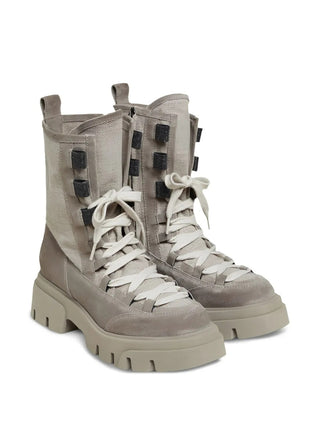 Brunello Cucinelli Suede and Canvas Lug Sole Combat Boots in Grey