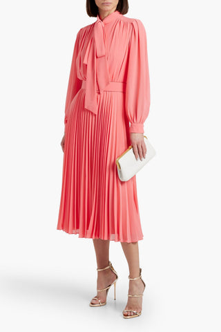 MIKAEL AGHAL PUSSY-BOW PLEATED CHIFFON MIDI DRESS - Size 14