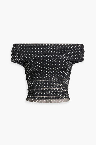 ALICE + OLIVIA ISADOLA OFF-THE-SHOULDER POLKA-DOT MESH TOP - Size S