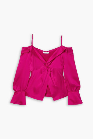 SIMKHAI VIKTORIA COLD-SHOULDER TWIST-FRONT SATIN BLOUSE - Size S
