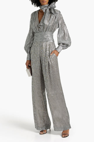 OSCAR DE LA RENTA GATHERED METALLIC SILK-BLEND JUMPSUIT - Size 4