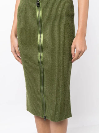 Tom Ford Ribbed Knit Full-Zip Pencil Skirt Olive Green