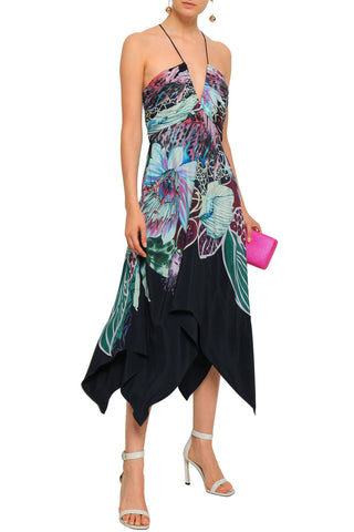 ROBERTO CAVALLI OPEN-BACK FLORAL-PRINT SILK CREPE DE CHINE MIDI DRESS - Size 42