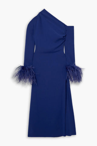 16ARLINGTON ADELAIDE ONE-SHOULDER FEATHER-TRIMMED CREPE MIDI DRESS - Size 10