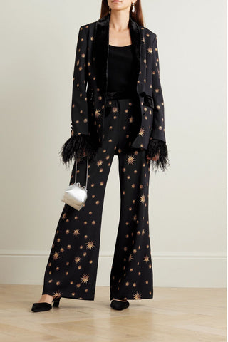 CAMILLA VELVET-TRIMMED PRINTED WOVEN FLARED PANTS - Size M