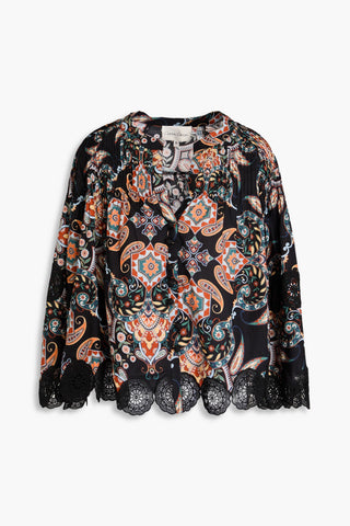 CARA CARA EMMA GUIPURE LACE-PANELED PRINTED COTTON-POPLIN BLOUSE - Size L