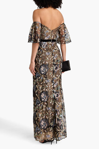 MARCHESA NOTTE OFF-THE-SHOULDER EMBELLISHED TULLE GOWN - Size 6
