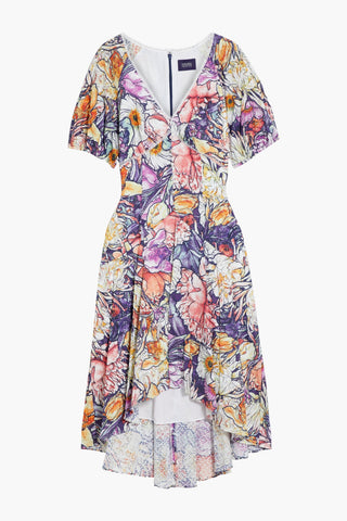 MARCHESA NOTTE ASYMMETRIC LACE-TRIMMED FLORAL-PRINT BRODERIE ANGLAISE COTTON  MIDI DRESS - Size 6