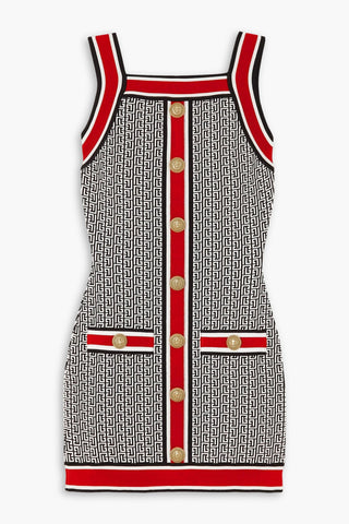BALMAIN BUTTON-EMBELLISHED JACQUARD-KNIT MINI DRESS - Size 38