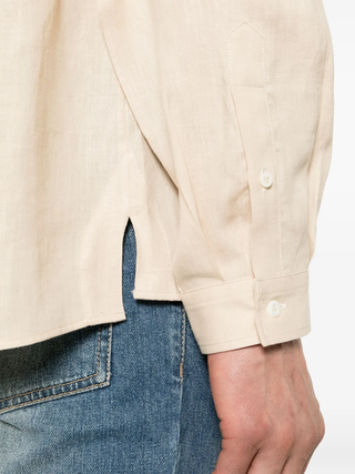 Brunello Cucinelli Linen Band-Collar Shirt in Sand