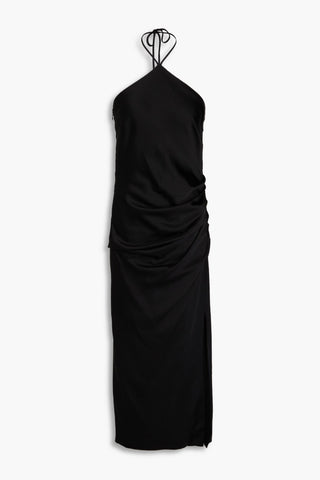 SIMKHAI HANSEL RUCHED SATIN-CREPE HALTERNECK MIDI DRESS - Size 0