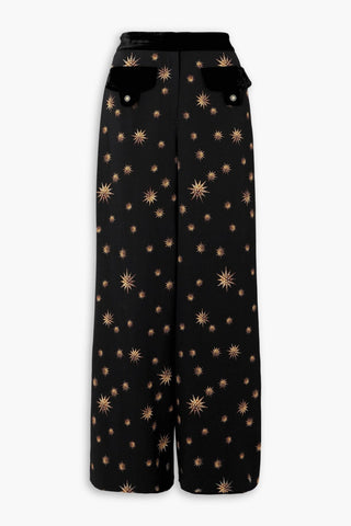 CAMILLA VELVET-TRIMMED PRINTED WOVEN FLARED PANTS - Size M