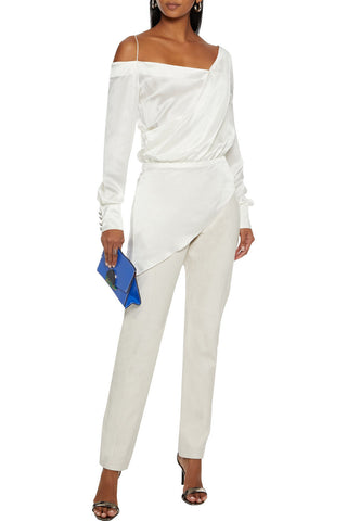 BALMAIN ASYMMETRIC WRAP-EFFECT DRAPED SILK-SATIN PEPLUM TOP - Size 34