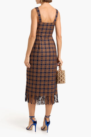 OSCAR DE LA RENTA FRINGED CHECKED GUIPURE LACE MIDI DRESS - Size 6