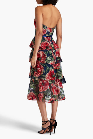 MARCHESA NOTTE STRAPLESS TIERED EMBROIDERED TULLE MIDI DRESS - Size 10
