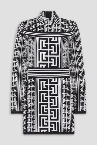 BALMAIN JACQUARD-KNIT WOOL-BLEND MINI DRESS - Size 40