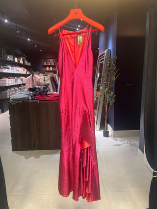 Tom Ford Shimmer V-Neck Ruffled Slit Maxi Gown Hot Pink