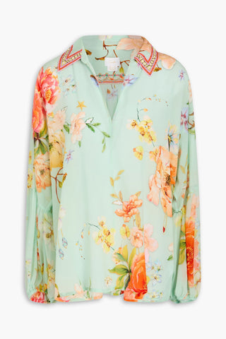 CAMILLA CRYSTAL-EMBELLISHED FLORAL-PRINT SILK CREPE DE CHINE BLOUSE - Size S