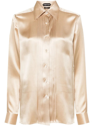 Tom Ford Silk Pintuck Button-Up Shirt Gold