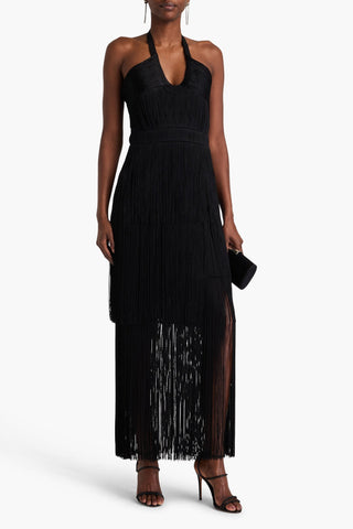 SIMKHAI BALDWIN FRINGED DRAPED CREPE HALTERNECK MAXI DRESS - Size 6