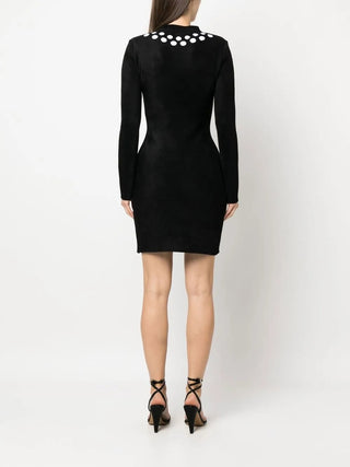 Alaia Fuzzy Knit Mock Neck Sweater Pearl Necklace Print