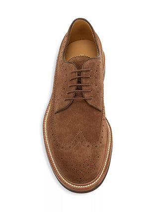 Brunello Cucinelli Suede Lace-Up Wingtip Derby Brogues in Chestnut