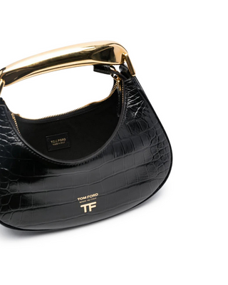 Tom Ford Croc-Effect Leather Crescent Bag with Gold Handle