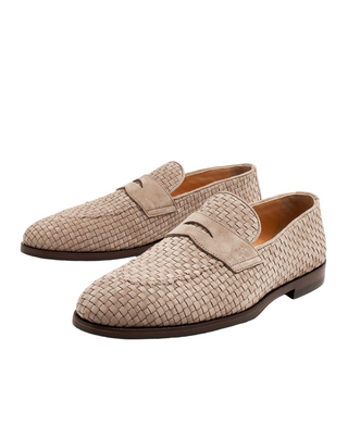 Brunello Cucinelli Woven Suede Penny Loafers Beige
