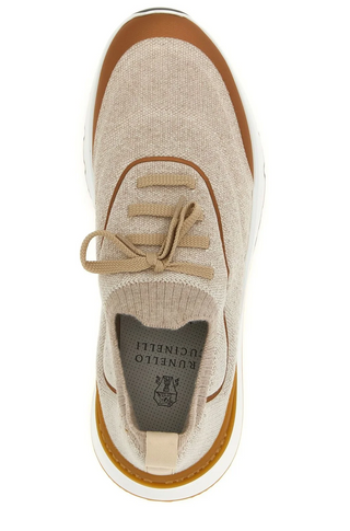Brunello Cucinelli Logo Embossed Knitted Lace-Up Sneakers in Brown