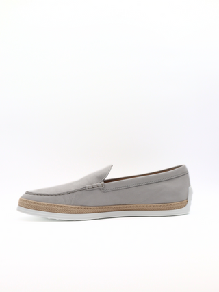 Tods Light Grey Suede Loafers with Raffia Sole