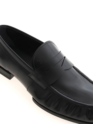 Tods Polished Leather Penny Loafers with Gathered Toe