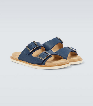 Brunello Cucinelli Blue Grained Leather Two-Strap Sandals