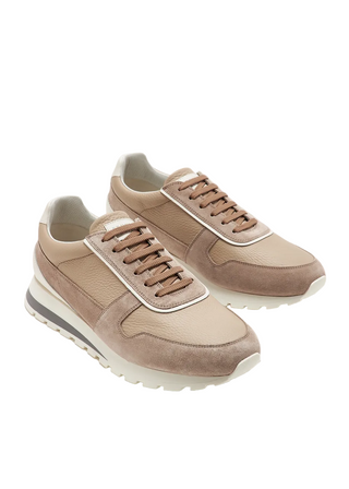 Brunello Cucinelli Mens Washed Suede and Calfskin Runners in Beige