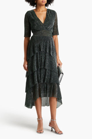 MAJE TIERED LAM MIDI DRESS - Size 36