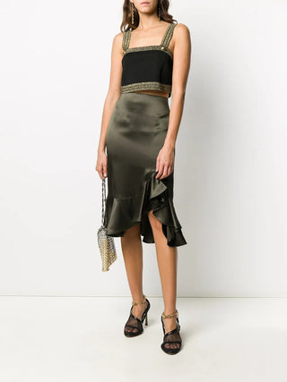 Tom Ford Satin Asymmetrical Ruffled Midi Skirt Green