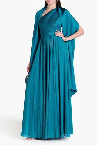 BADGLEY MISCHKA ONE-SHOULDER GEORGETTE-PANELED SATIN GOWN - Size 6